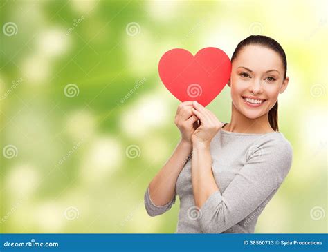 Smiling Asian Woman With Red Heart Stock Image Image Of Help Happy