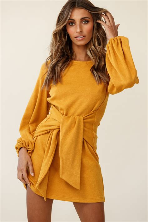 Shop The Rapt Waist Tie Knit Dress Mustard Selfie Leslie