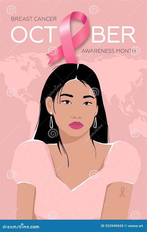 World Breast Cancer Awareness Month Poster With Pink Ribbon And Asian