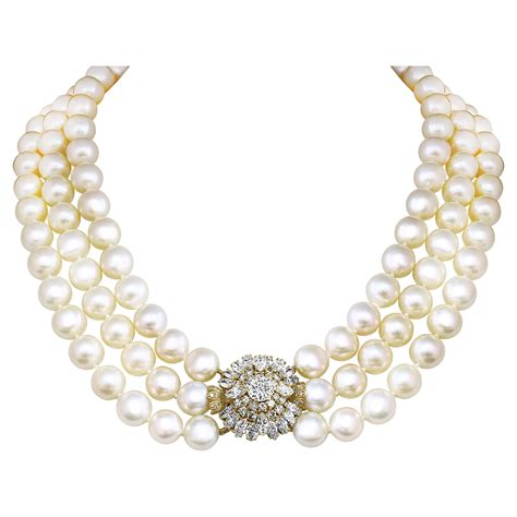 Cartier South Sea Three Layer Pearl Necklace With 16 Ct Solitaire Diamond Clasp At 1stdibs