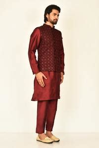 Buy Maroon Cotton Silk Embroidered Floral Velvet Bundi And Kurta Set