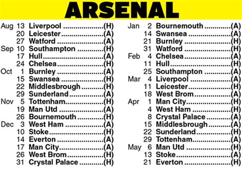 Arsenal Fixtures Full List For The 2016 17 Premier League Season