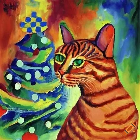 Cats By A Vibrant Christmas Tree Abstract Painting By August Macke