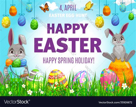 Happy Easter Poster With Cute Bunnies Eggs Vector Image