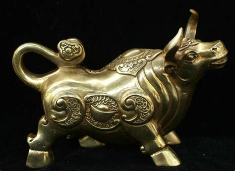 China Folk Fengshui Bronze Brass Wealth Yuanbao 12 Zodiac Year Bull