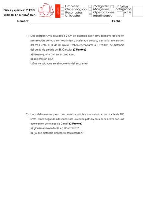 Examen T 7 2 Cinemática 3º ESO Física y química 3º ESO Examen T