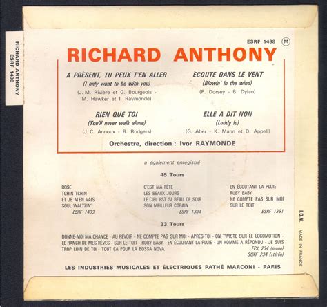 RICHARD ANTHONY 45T EP BIEM 1964 Columbia ESRF 1498 A présent tu peux t