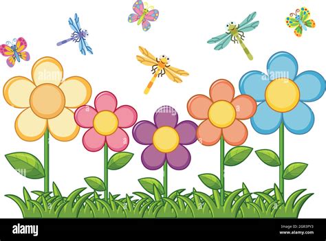 Butterflies And Dragonflies In Flower Garden Stock Vector Image And Art