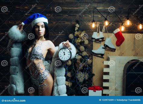 Fur Coat And Winter Clock Winter Holidays And People Concept Woman