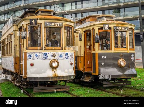 Vintage historic trams line 1 & 18 with wooden structure stand next to ...