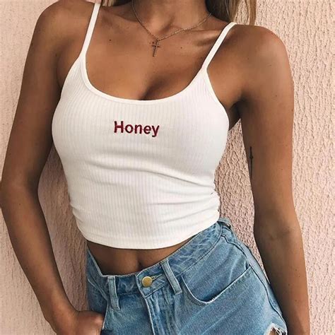 Sexy Women Crop Top Summer Honey Letter Embroidery Strap Tank Tops