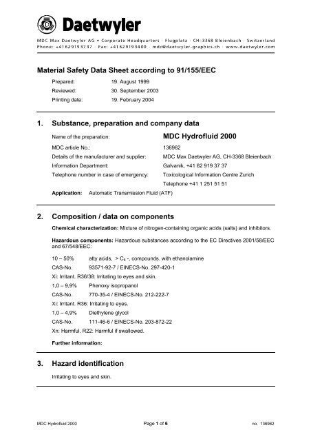 Material Safety Data Sheet According To 91155eec 1 Substance