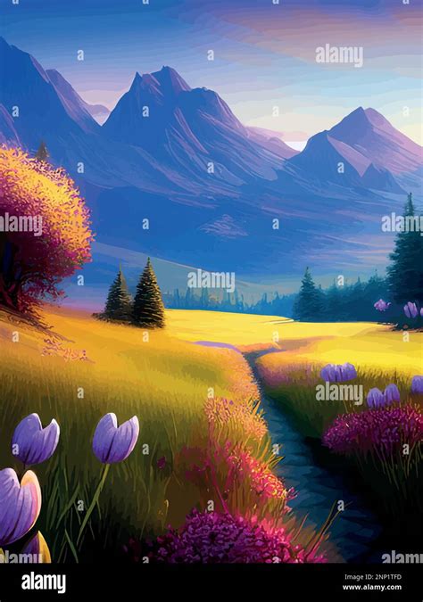 Spring Landscape With Trees Mountains Fields Leaves Vector