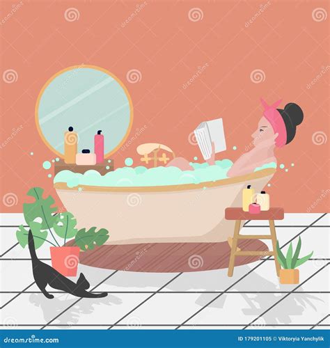 Woman Taking A Bath With Bubble Relaxing Girl In Bathroom With Book Lying In Bathtub Full Of