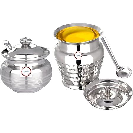 Opullo Stainless Steel Small Oil And Ghee Container With Lid And Spoon