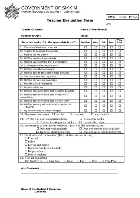 Free Printable Teacher Evaluation Form Templates Word Excel Pdf