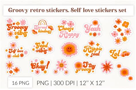 S Retro Positive Stickers Bundle Hippie Flowers Groovy