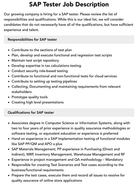 Sap Tester Job Description Velvet Jobs