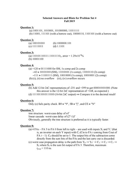 Problem Set 4 Answers 2019 Selected Answers And Hints For Problem Set