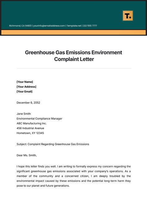 Free Greenhouse Gas Emissions Environment Complaint Letter Template To