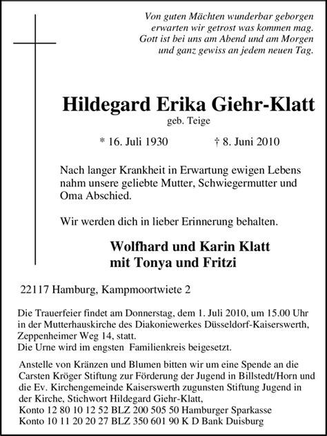 Traueranzeigen Von Hildegard Erika Giehr Klatt Trauer In NRW De