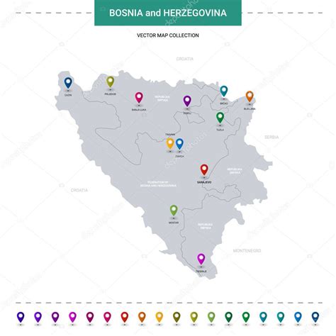 Bosnia y Herzegovina mapa con marcas de puntero de ubicación Plantilla