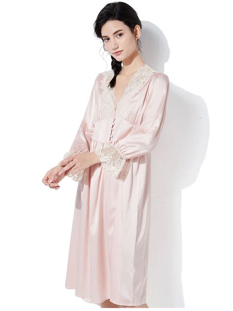 Silk Nightgown 100 19 Momme Luxury Mulberry Silk Long Sleeves V Neck