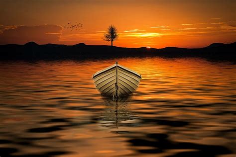 HD Wallpaper Illustration Of White Row Boat On Body Of Water During