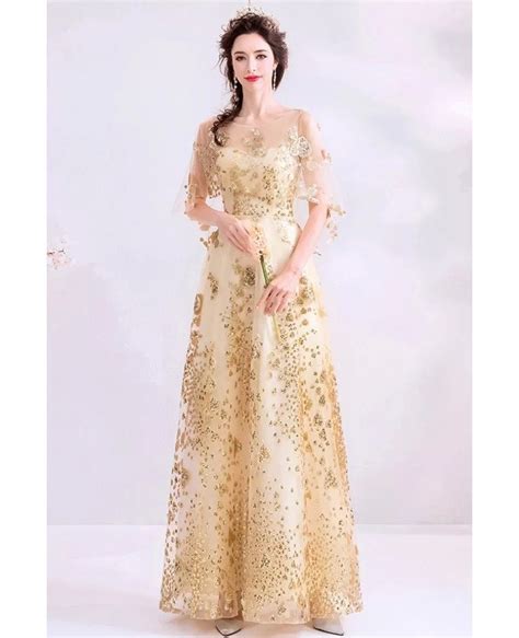 Sparkly Bling Gold Long Party Dress With Sheer Neck Puffy Sleeves