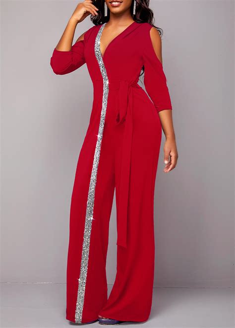 Metal Ring Wine Red Cold Shoulder V Neck Jumpsuit Rosewe Usd