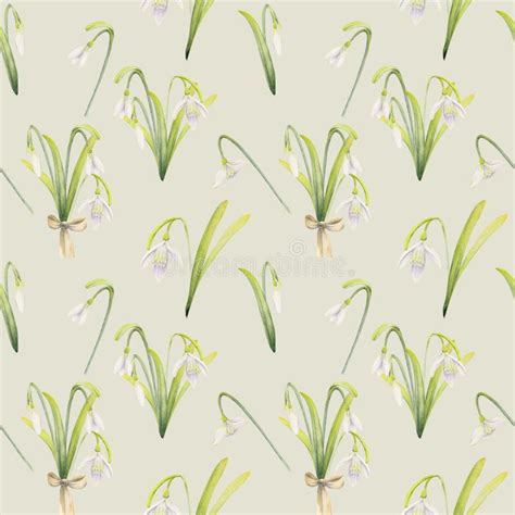 Watercolor Hand Drawn Seamless Pattern With Spring Flowers Snowdrops