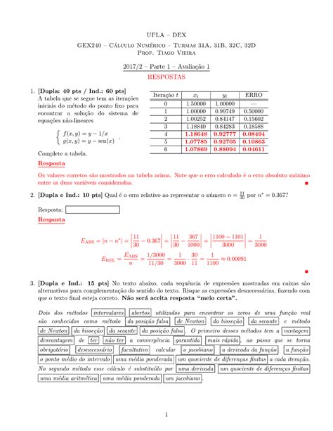 Prova 5 Outubro 2017 questões e respostas UFLA DEX lculo Nume