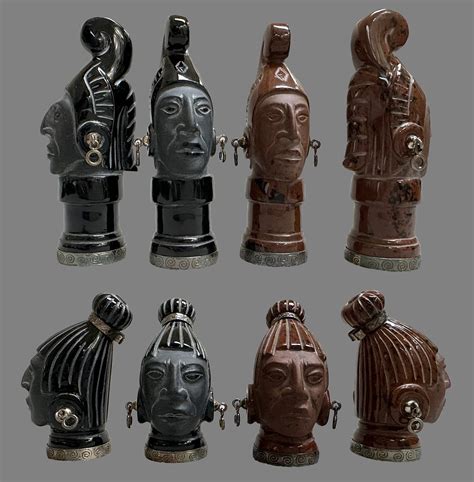 Mayan Carved Onyx Tribal Chess Pieces