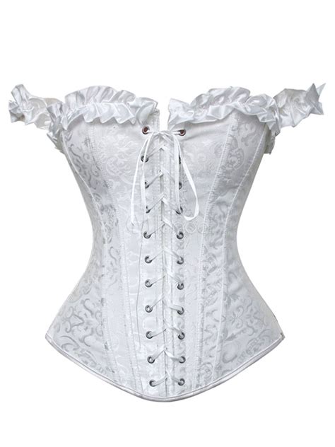 White Sexy Corsets Jacquard Ruffles Off The Shoulder Lace Up Corsets