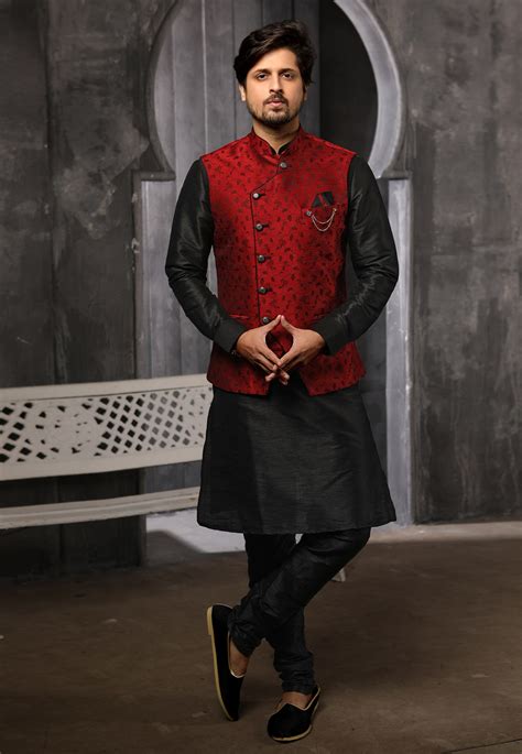 Black Jacquard Readymade Kurta Pajama With Jacket 186558 Kurta Pajama With Jacket Mens Kurta