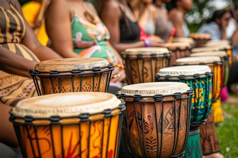 Group Of People Playing Traditional African Djembe Drums At Outdoor