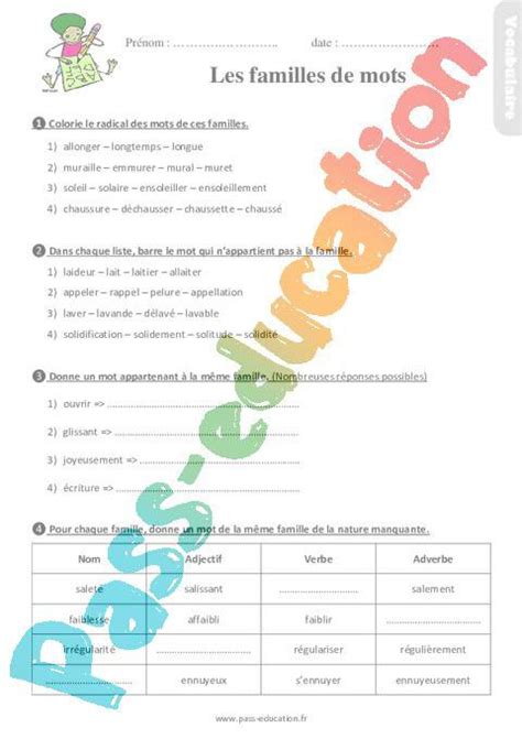 Les Familles De Mots Ce Tude De La Langue Exercices Avec Les