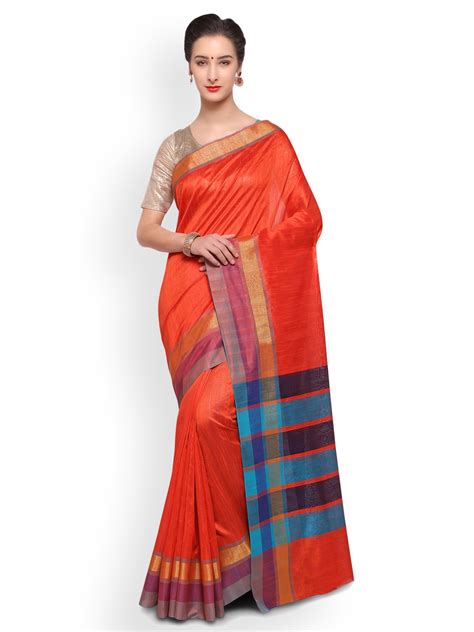 Buy Varkala Silk Sarees Orange Art Silk Solid Banarasi Saree Sarees For Women 4610567 Myntra