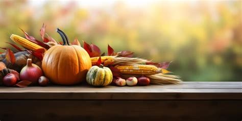 Harvest Bounty At Sunset Pumpkins Apples And Corncobs On A Wooden Table