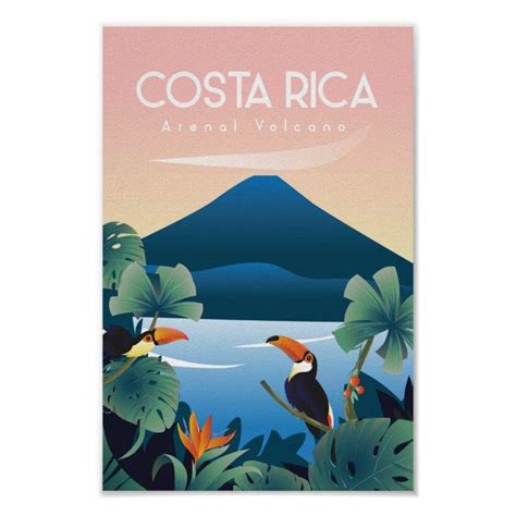 The Costa Rica Travel Poster Is Shown With Tropical Plants And Toucans