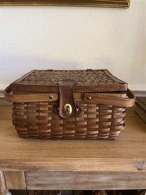 Vintage Slat Wood Woven Picnic Basket With Leather Gem