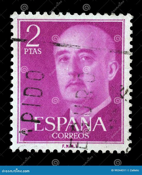 Stamp Printed In Spain Shows A Portrait Of Francisco Franco Editorial