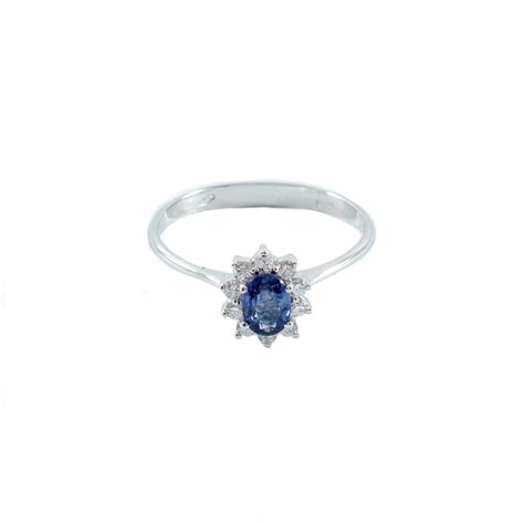 Anello Zaffiro Blu E Diamanti A Contorno In Oro Bianco 18Kt