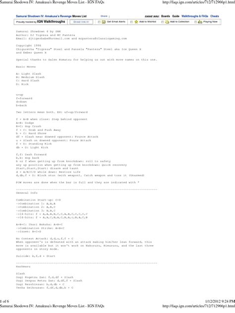 Samurai Shodown IV - Amakusa's Revenge Moves List - IGN FAQs | PDF ...