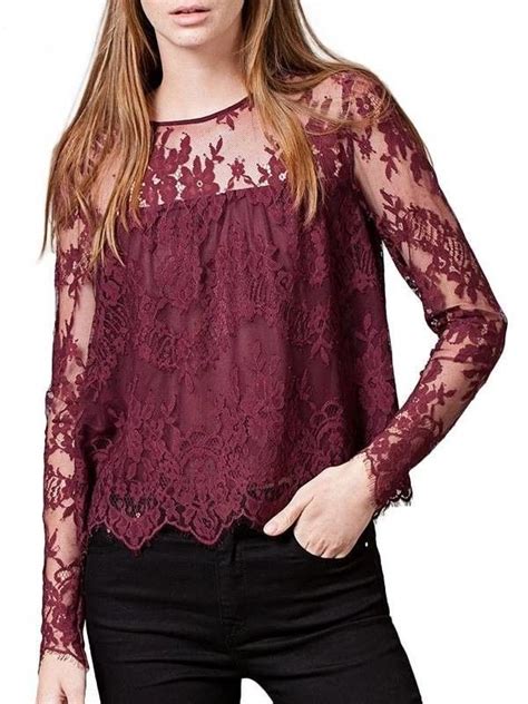 Blusa De Renda Manga Longa Marsala Ref1073 Blusas Femininas Tops