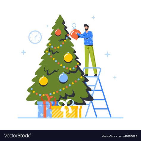 Happy Character Decorate Christmas Tree Man Stand Vector Image