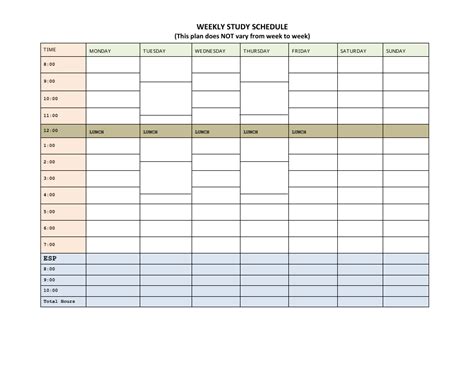 Weekly Study Schedule Template - This Plan Does Not Vary From Week to ...