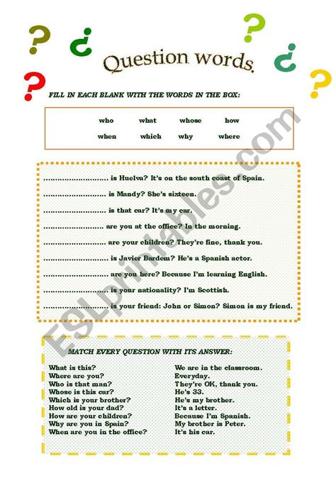 Question Words In Spanish Worksheets