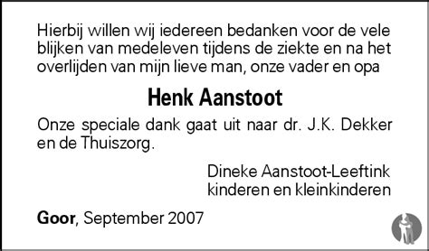 Gerrit Hendrik Henk Aanstoot 06 08 2007 Overlijdensbericht En