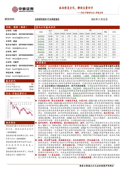 2023年建材行业三季报总结：板块修复分化，静待总量回升